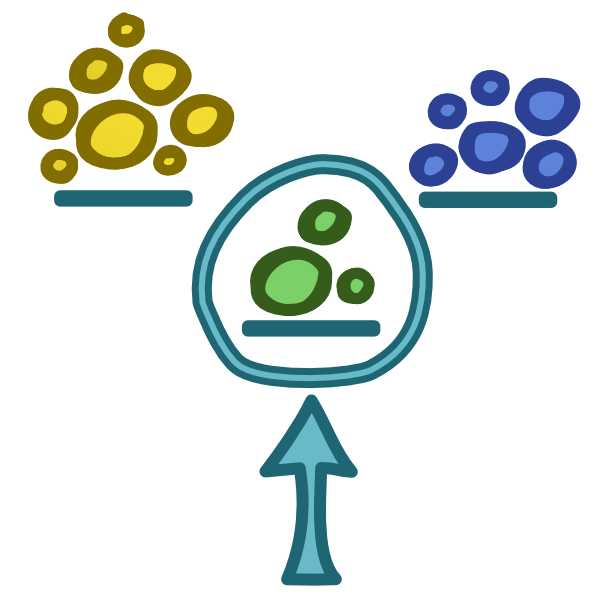 3 groups of circles with a blue line beneath each one. The first group is the largest and its circles are yellow, the next is the smallest and is green, the last is blue. A blue line with a lighter center wraps around the smallest group and a blue arrow points to it from below.